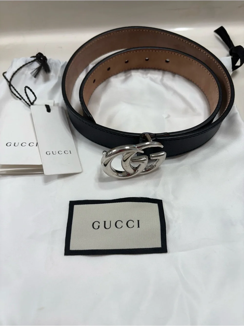 Gucci kids Large Navy /Black Leather Belt with Silver classic Double G Buckle